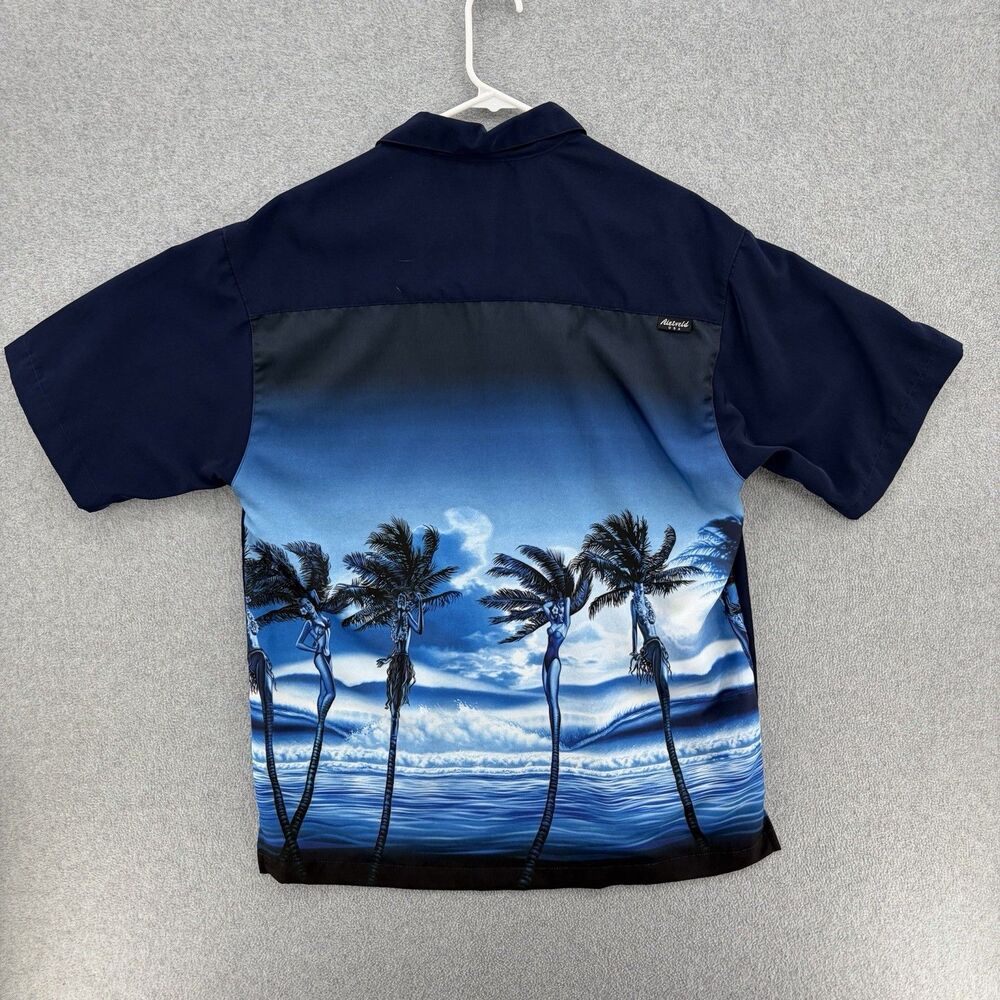 Rietveld USA Hawaiian Fishing Shirt Blue Tropical Palm Trees Button Up Sz Medium